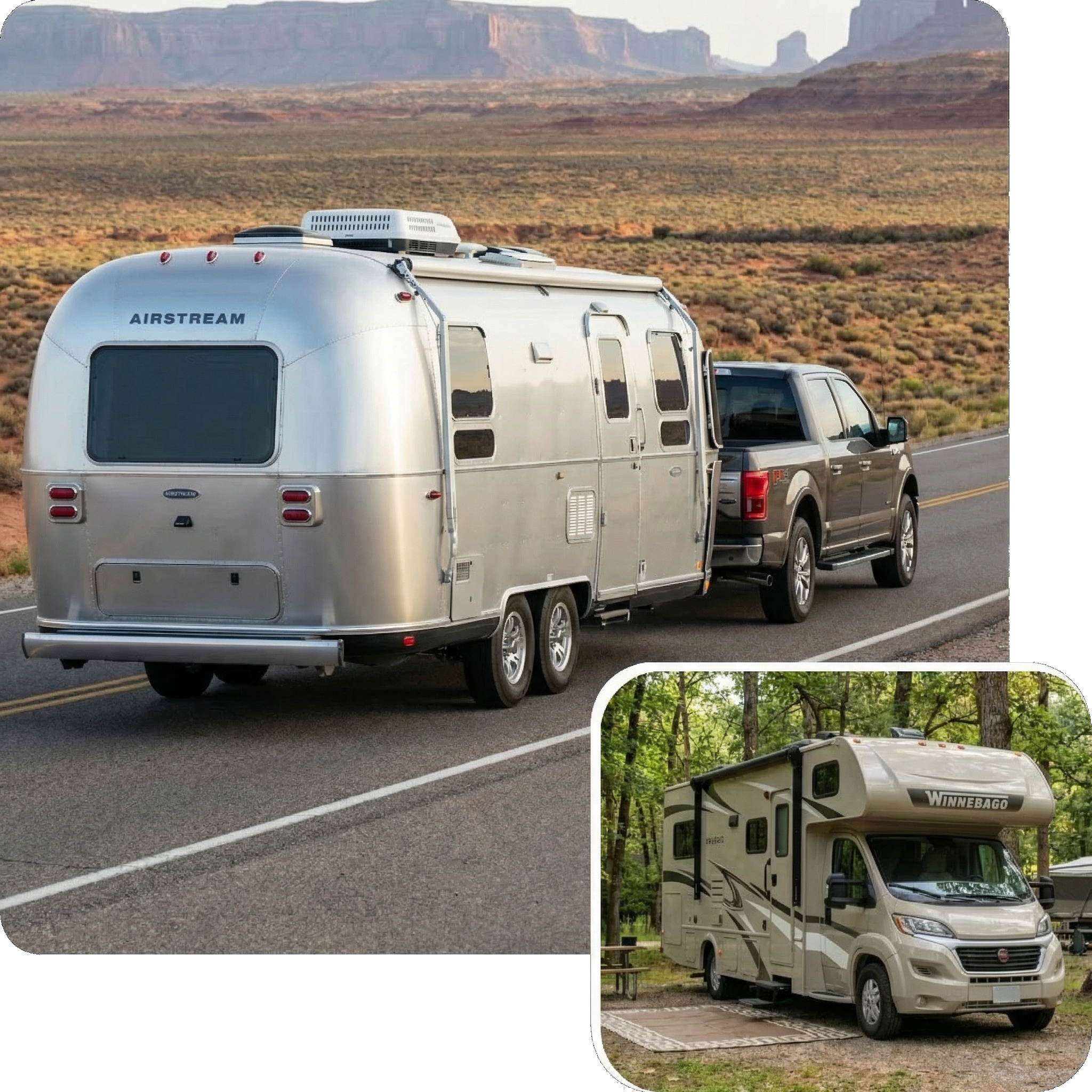 Travel trailer and motorhome on road and campsite