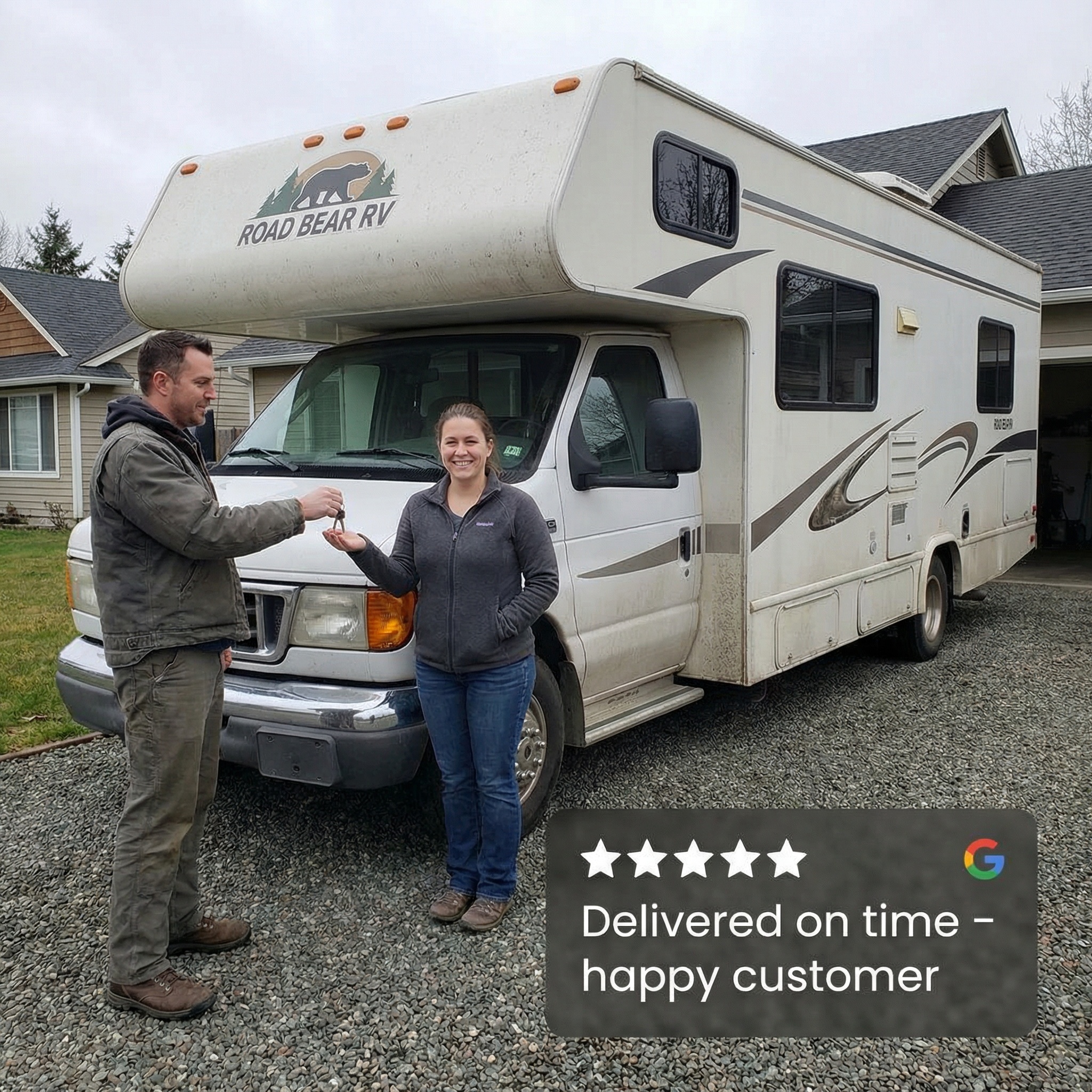 Customer receiving keys in front of motorhome
